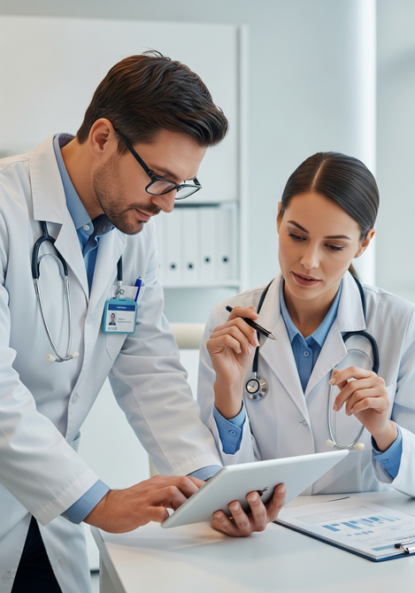 Médico profissional analisando dados em um tablet